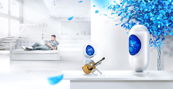 Scotty playing guitar in a smart home