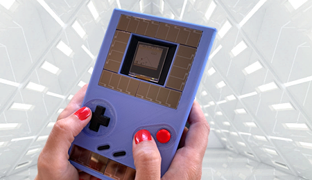 GameBoy with Apollo3 Blue with tech background