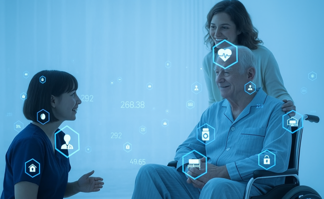 AI in Nursing home blog Man in wheel chair with analytics 1